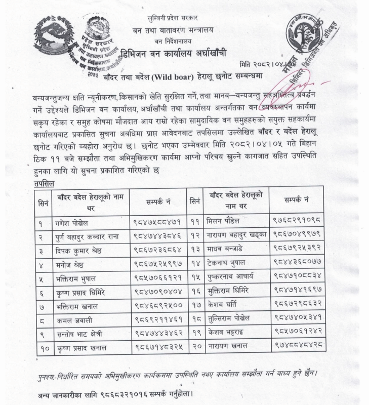 बाँदर र बँदेल हेर्न २० जनालाई वन कार्यालय अर्घाखाँचीले दियो रोजगारी 2 520469322notice