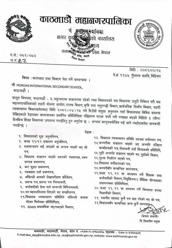 मोर्गन इन्टरनेसनल स्कुलमा महानगरको अनुगमन, ३ दिनभित्र आवश्यक कागजात बुझाउन निर्देशन 2 527024490 Morgan school Notice