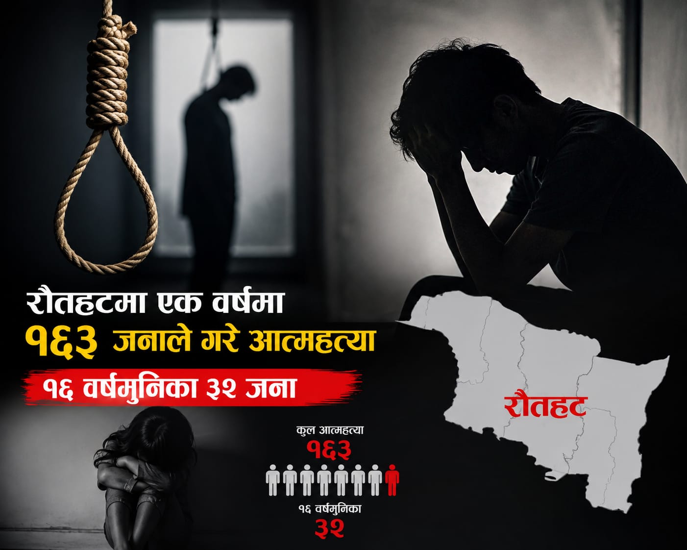 रौतहटमा डरलाग्दो तथ्यांकः एक वर्षमा १६३ जनाले गरे आत्महत्या, १६ वर्षमुनिका ३२ जना